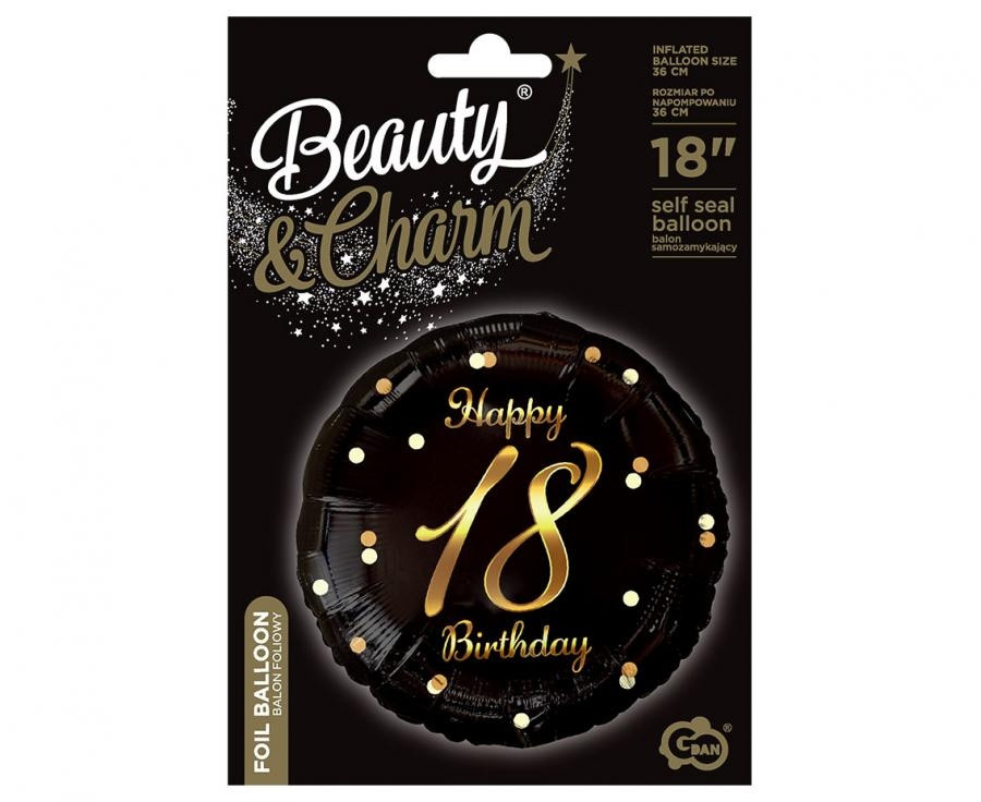 Balon foliowy Happy 18 Birthday, czarny, nadruk złoty, 18" FG-O18C Godan